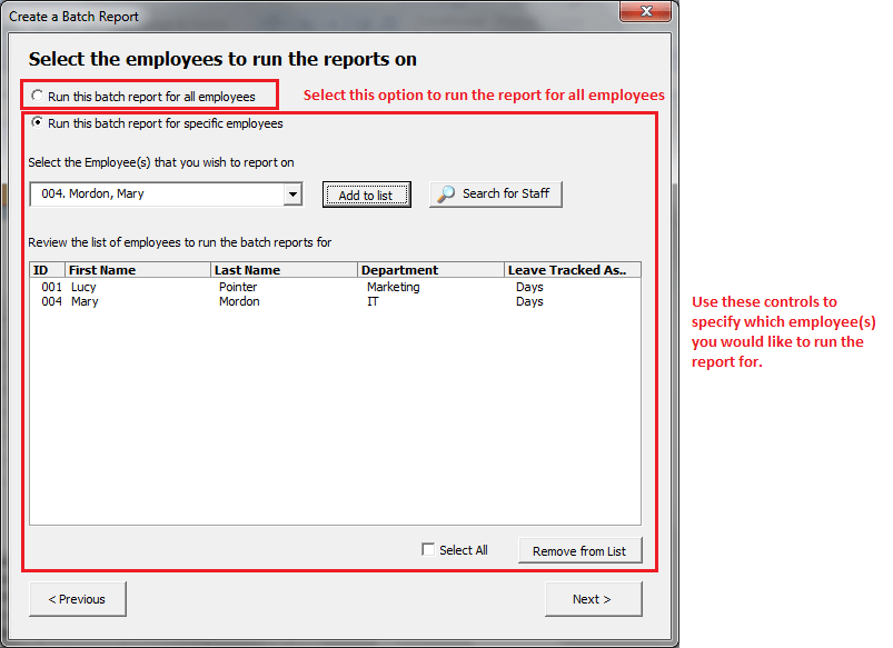 Batch report employee selection screen