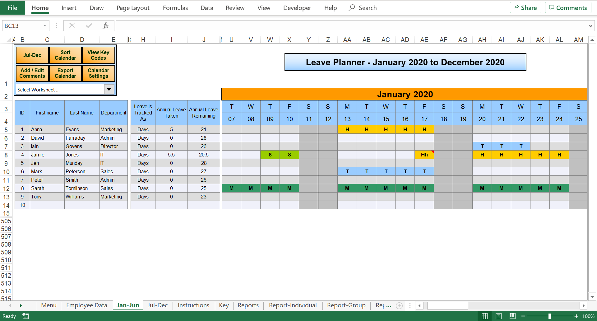 Excel Holiday Planner staff holiday management