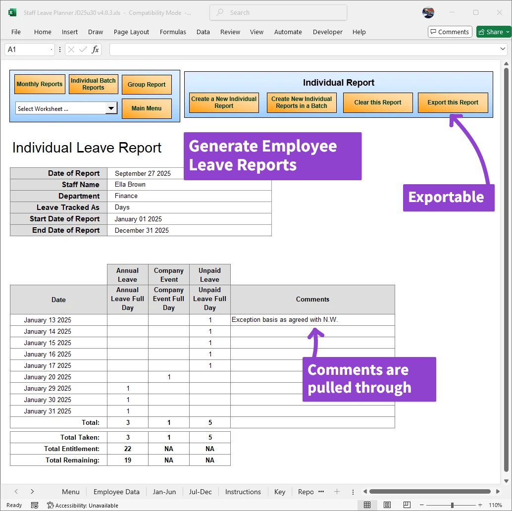 Individual reports can be generated for each employee, showing their leave requests and balances.
